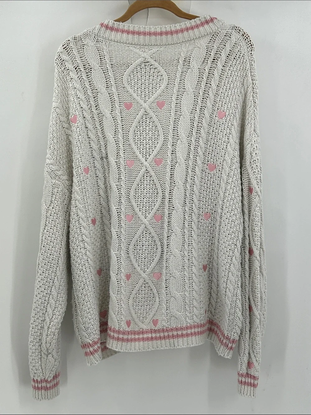 Taylor Swift Lover Cardigan Cream Pink Heart Cable Knit Sweater Size XL/2XL
